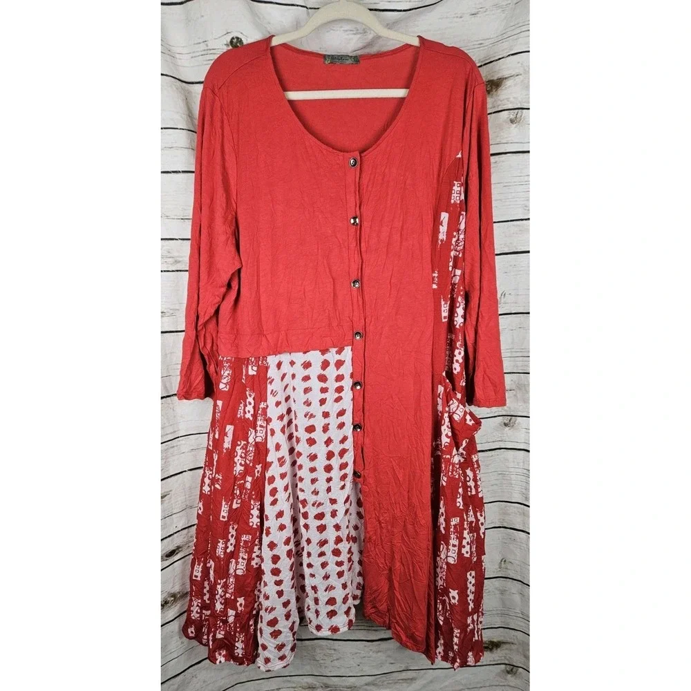 Chalet et Cici Red Crinkle Print Tunic Dress XL Button Artsy Lagenlook